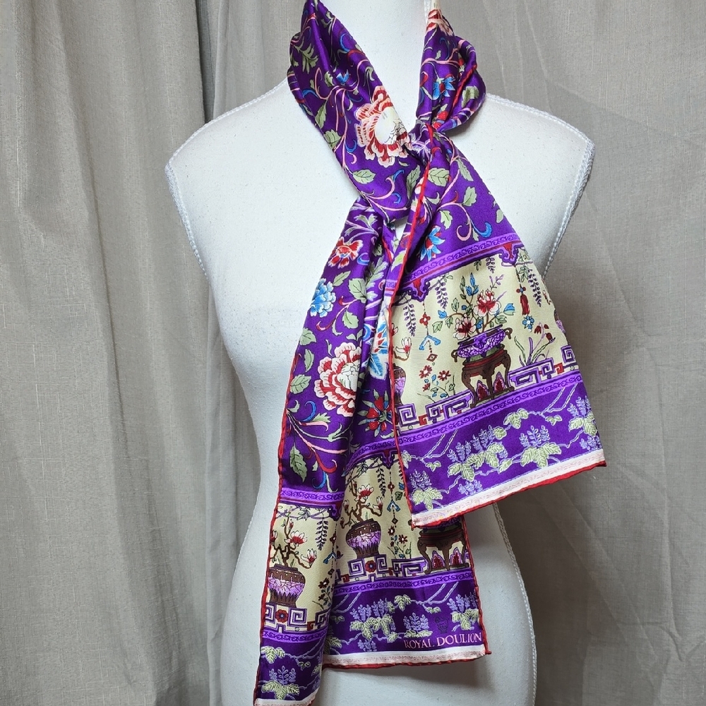 Royal Doultin Silk Vibrant Floral Purple and Cream Scarf